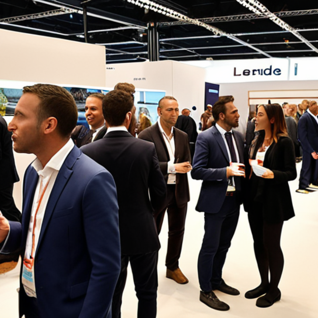 **

A bustling scene at the Salon de l'Immobilier (SIMI) in Paris. Professionals from various sectors like real estate developers, finance experts, and sustainable material specialists are networking, exchanging business cards, and engaging in lively conversations around exhibition stands. Focus on the energy and diversity of the attendees.

**