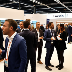 **

A bustling scene at the Salon de l'Immobilier (SIMI) in Paris. Professionals from various sectors like real estate developers, finance experts, and sustainable material specialists are networking, exchanging business cards, and engaging in lively conversations around exhibition stands. Focus on the energy and diversity of the attendees.

**