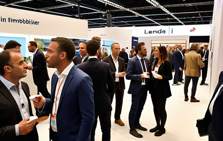 **
A bustling scene at the Salon de l'Immobilier (SIMI) in Paris. Professionals from various sectors like real estate developers, finance experts, and sustainable material specialists are networking, exchanging business cards, and engaging in lively conversations around exhibition stands. Focus on the energy and diversity of the attendees.
**