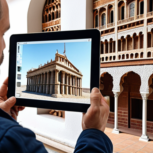 ** An architect evaluator meticulously examining a historical building with modern digital tools, such as a tablet displaying 3D models, highlighting the blend of traditional knowledge and technological advancement in the field.

**