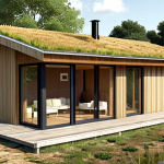 **

A modern, sustainable house in the French countryside. Focus on eco-friendly materials (wood, straw), solar panels, and a green roof. The house should blend harmoniously with the natural landscape. Emphasize a sense of calm and integration.

**