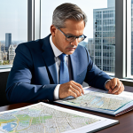 A focused professional real estate expert, wearing a modest business suit, seated at a large, polished desk, diligently examining intricate urban planning maps and legal documents. The office background is contemporary and organized, featuring bookshelves filled with legal volumes and a large city skyline view through a window. The overall ambiance is one of deep analysis and expert precision. Fully clothed, appropriate attire, safe for work, perfect anatomy, natural pose, well-formed hands, professional photography, high quality, family-friendly.