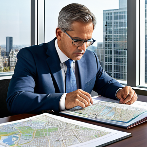 A focused professional real estate expert, wearing a modest business suit, seated at a large, polished desk, diligently examining intricate urban planning maps and legal documents. The office background is contemporary and organized, featuring bookshelves filled with legal volumes and a large city skyline view through a window. The overall ambiance is one of deep analysis and expert precision. Fully clothed, appropriate attire, safe for work, perfect anatomy, natural pose, well-formed hands, professional photography, high quality, family-friendly.