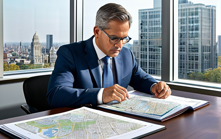 A focused professional real estate expert, wearing a modest business suit, seated at a large, polished desk, diligently examining intricate urban planning maps and legal documents. The office background is contemporary and organized, featuring bookshelves filled with legal volumes and a large city skyline view through a window. The overall ambiance is one of deep analysis and expert precision. Fully clothed, appropriate attire, safe for work, perfect anatomy, natural pose, well-formed hands, professional photography, high quality, family-friendly.