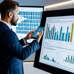 A professional, diverse real estate appraiser, fully clothed in a modest business suit, standing confidently in a futuristic, high-tech office. They are interacting with multiple holographic displays showing complex data visualizations, charts, and maps related to real estate trends and Big Data analysis. The environment features sleek design, ambient lighting, and digital interfaces. The appraiser holds a modern tablet, reflecting insightful data. The image emphasizes precision and advanced technology. safe for work, appropriate content, fully clothed, professional, perfect anatomy, correct proportions, natural pose, well-formed hands, proper finger count, natural body proportions, high-quality digital illustration, professional photography style.