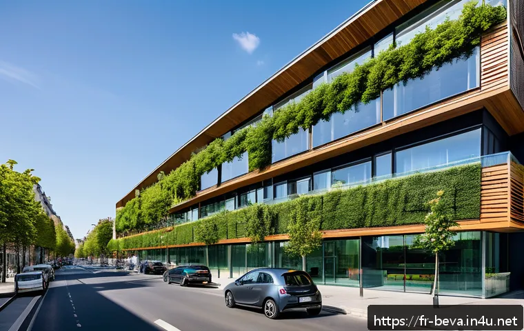 건축평가사 업무에서 필요한 기술들 - A modern urban architectural scene in Paris showcasing eco-friendly and energy-positive buildings wi...