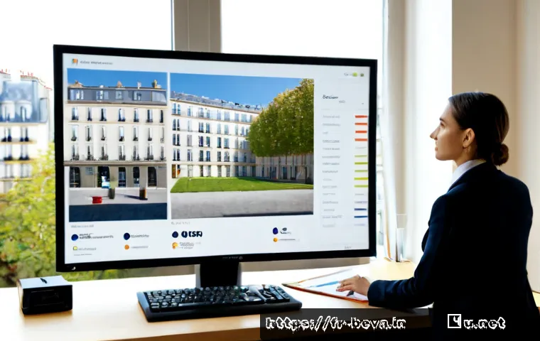 건축평가사가 사용하는 3D 시뮬레이션 도구 - Photorealistic French architectural appraiser in a bright modern Paris office, studying a detailed 3...